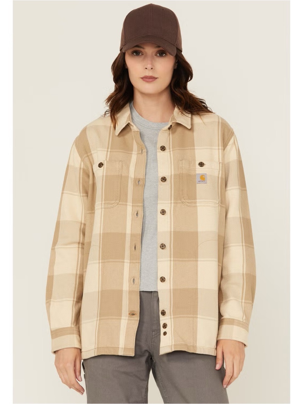 Carhartt Loose Fit Heavyweight Duck Shacket Plaid Oatmeal Size Small